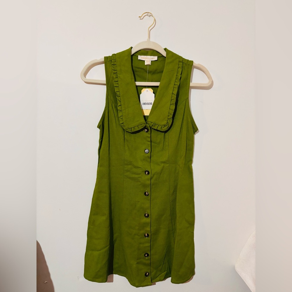 Monteau Green Linen Blend Button Ruffle Sleeveless Collared A-Line Dress Size S